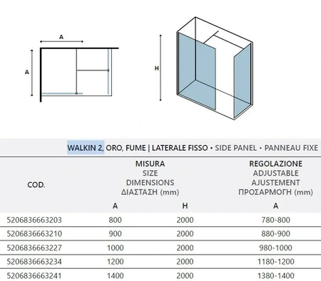 Doccia Walk in Due Pareti H200cm Fumè Anticalcare Profili Color Oro - Shopbagno.it