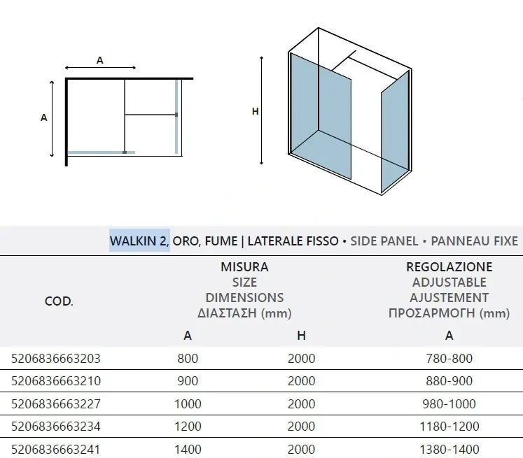 Doccia Walk in Due Pareti H200cm Fumè Anticalcare Profili Color Oro - Shopbagno.it