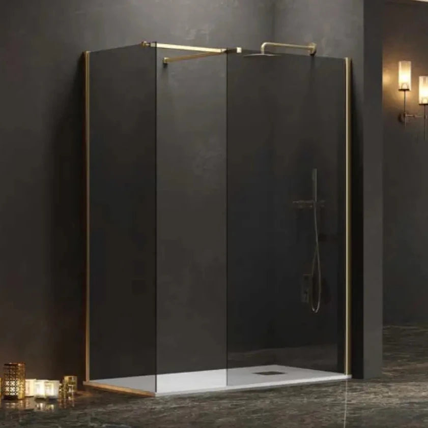 Doccia Walk in Due Pareti H200cm Fumè Anticalcare Profili Color Oro - Shopbagno.it