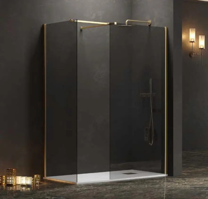 Doccia Walk in Due Pareti H200cm Fumè Anticalcare Profili Color Oro - Shopbagno.it