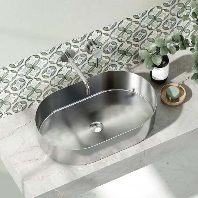 Lavabo Da Appoggio In Acciaio Inox 55x35 - Acciaio Spazzolato - Shopbagno.it