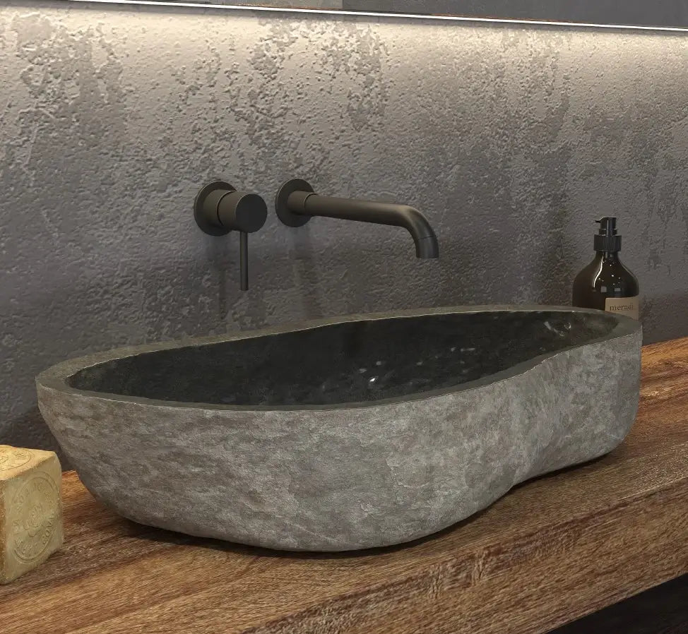 Lavabo Da Appoggio In Pietra Di Fiume Naturale Grigio - Shopbagno.it