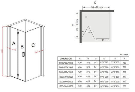 Box Doccia H195cm Anta a Libro Frameless Cristallo 6mm Anticalcare