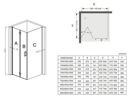 Box Doccia H195cm Anta a Libro Frameless Cristallo 6mm Anticalcare