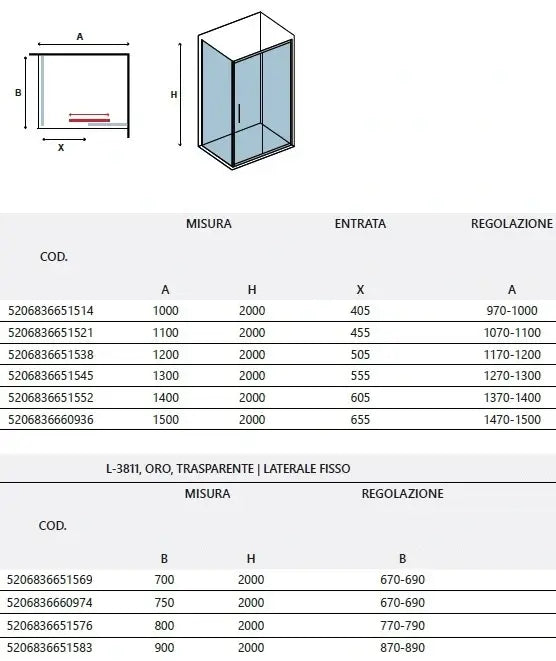 Box Doccia Profili Oro Scorrevole 6mm Anticalcare H200