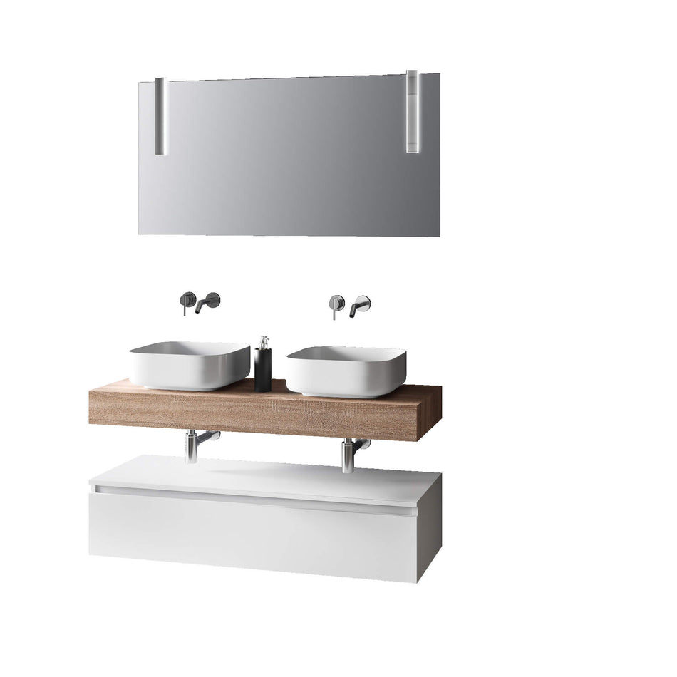 Composizione Bagno 120cm Con Doppio Lavabo, Base Con Cassetto E Specchio Con Lampada Top tabacco chiaro + base laccata bianco opaco