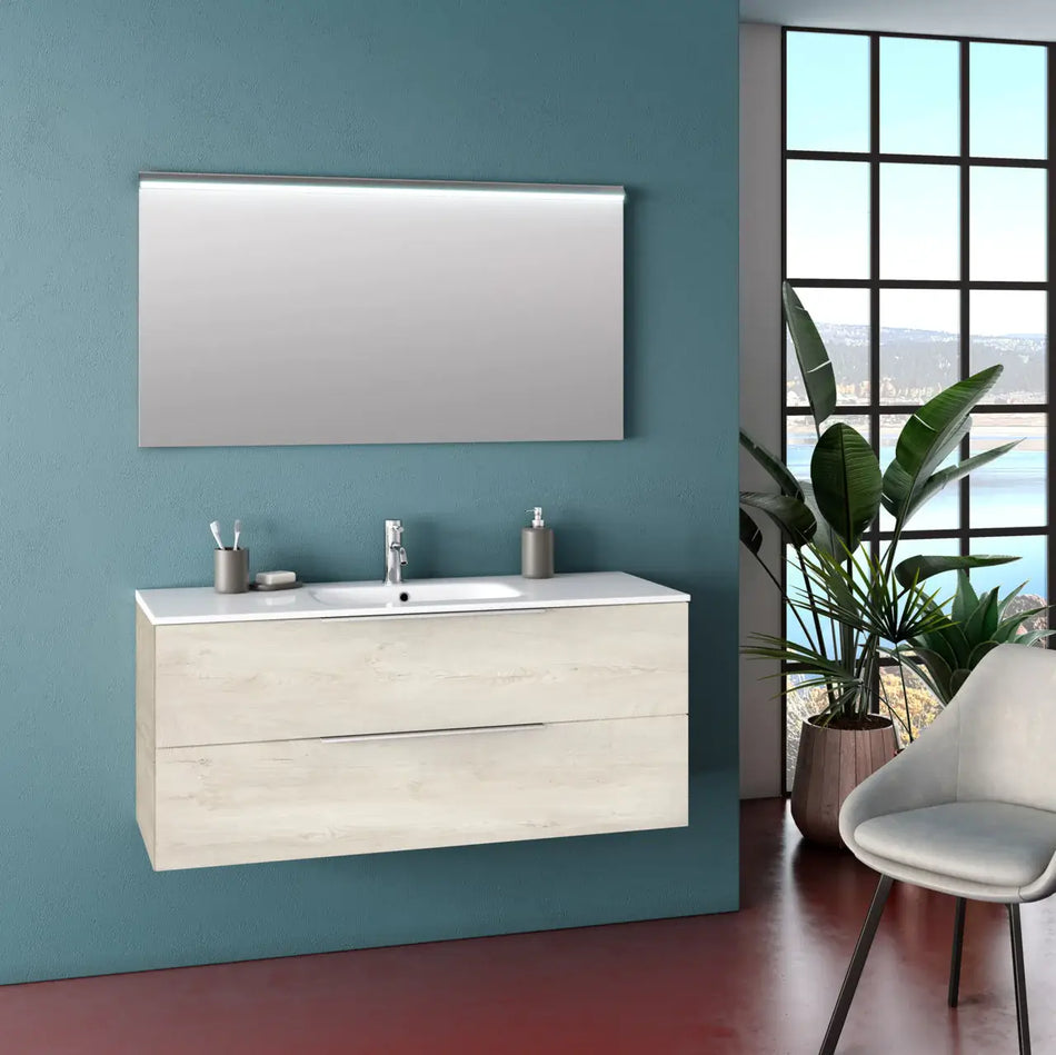 Composizione Bagno 120cm Sospesa Con Due Cassetti E Specchio Con Led Integrato Rovere Alaska