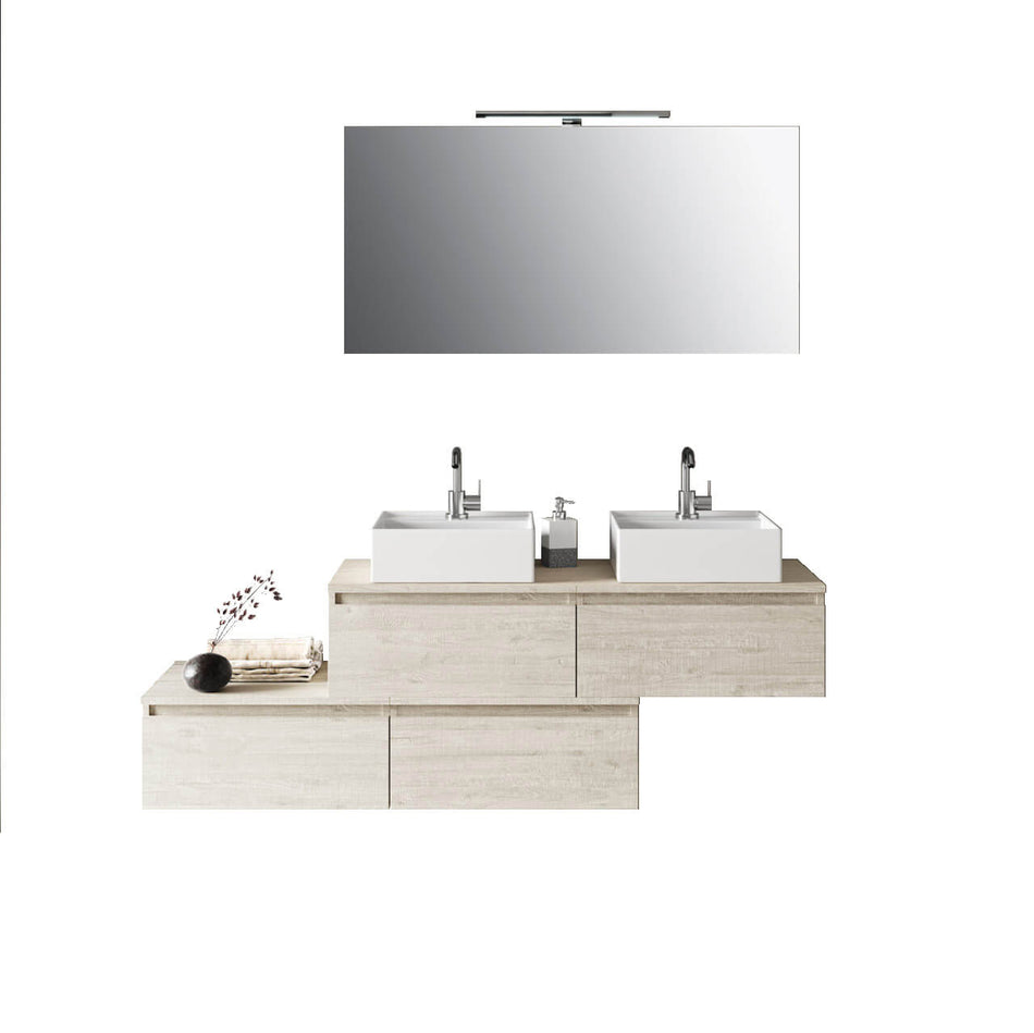 Composizione Bagno 160cm Con Doppio Lavabo, Cassetti E Specchio Con Lampada Sherwood Naturale