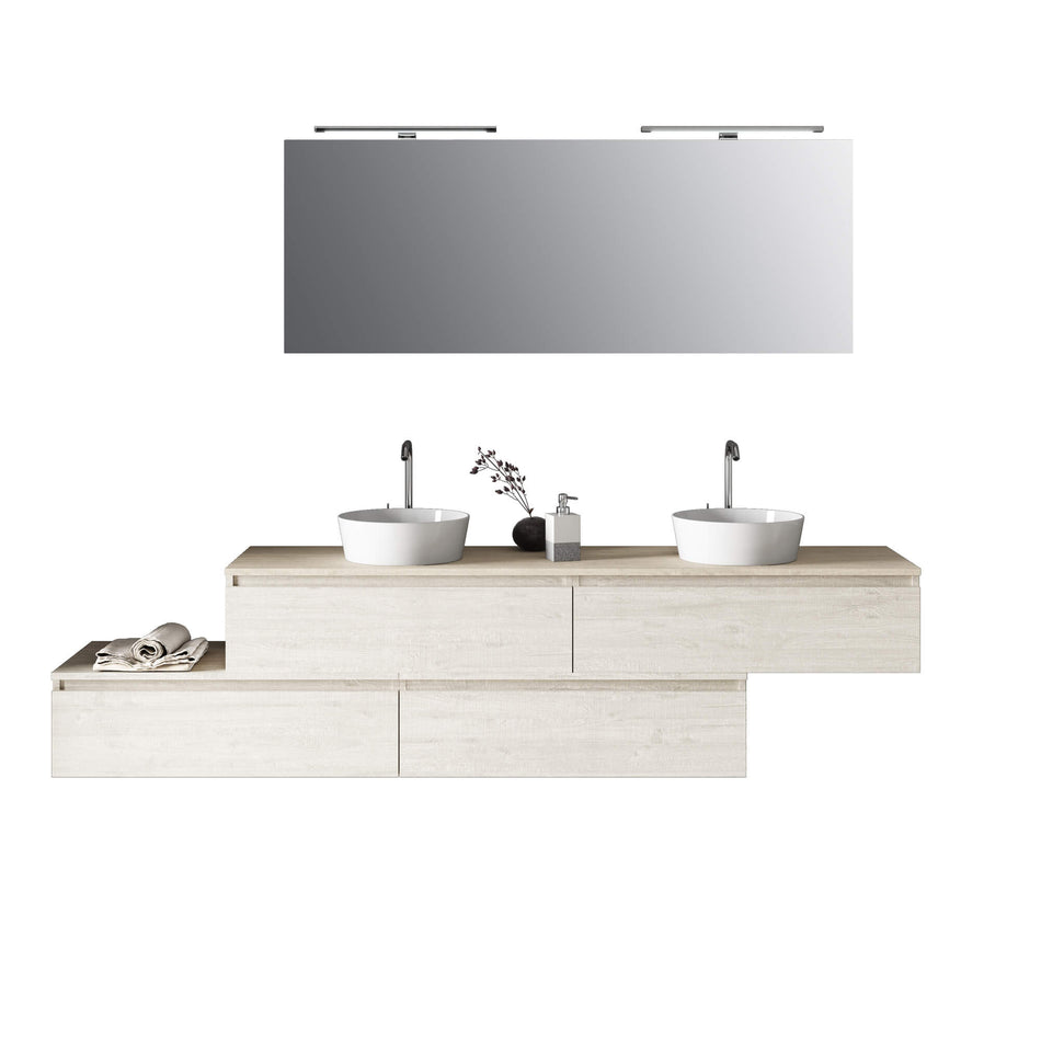 Composizione Bagno 200cm Con Doppio Lavabo, Cassetti E Specchio Con Lampada Sherwood Naturale