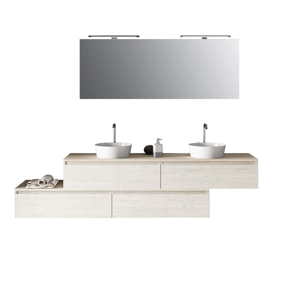 Composizione Bagno 225cm Sospesa Con Doppio Lavabo, Cassetti E Specchio Sherwood Naturale