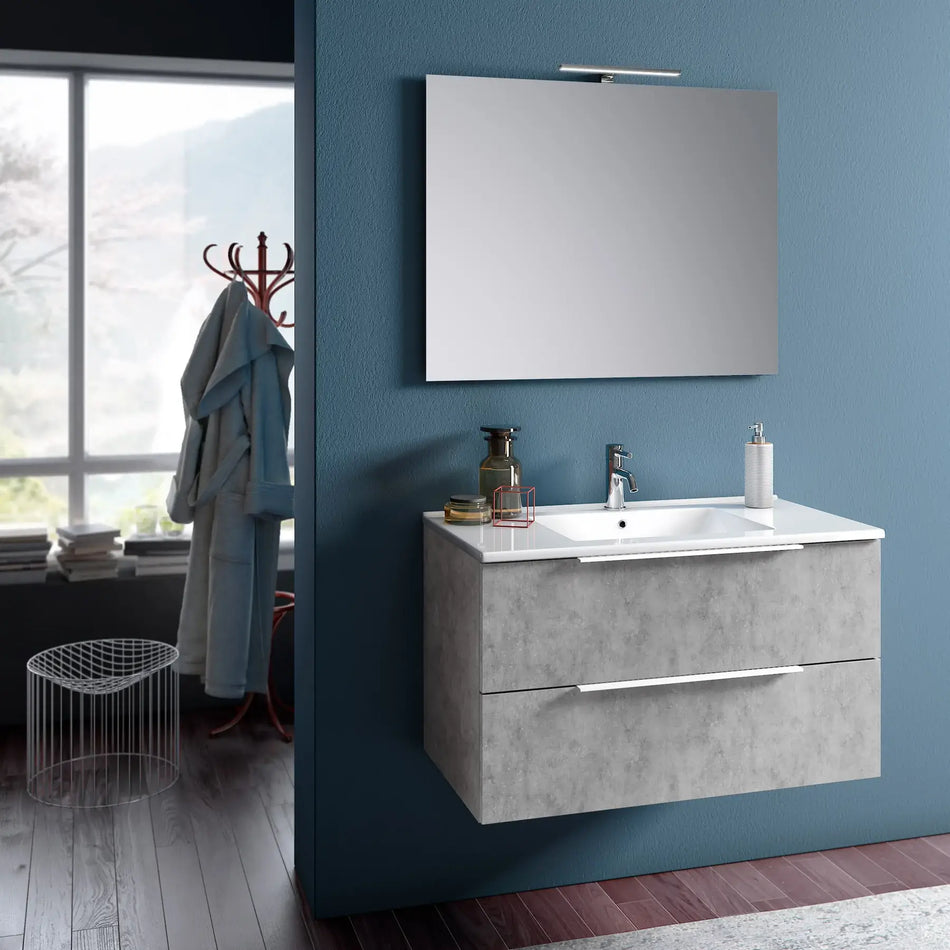 Composizione Bagno 80cm Sospesa Con Due Cassetti E Specchio Con Lampada Cemento