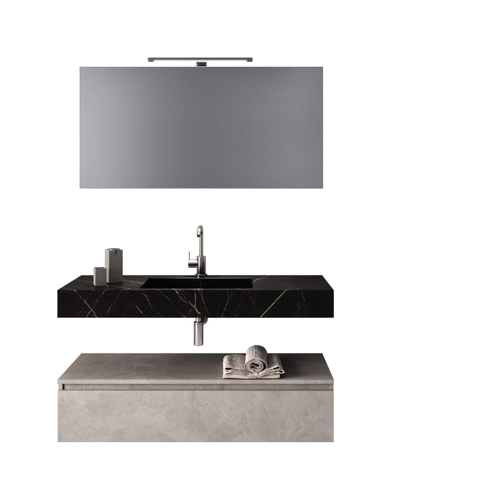 Composizione Bagno 90cm Con Vasca Integrata Cassetto E Specchio Top Nero Grafite + Base Avana Effetto Pietra