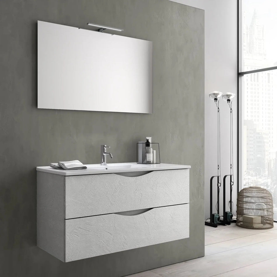 Composizione Bagno Sospesa Effetto Pietra 100cm Bianco Effetto Pietra