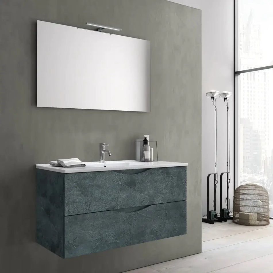 Composizione Bagno Sospesa Effetto Pietra 100cm Blu Effetto Pietra