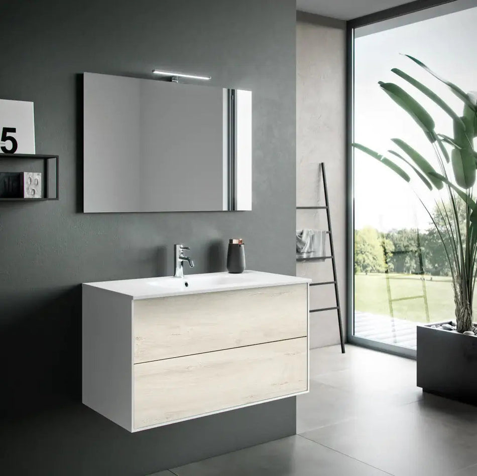 Composizione Mobile Bagno 100cm Sospeso Due Cassetti e Specchio Con Lampada Rovere Alaska