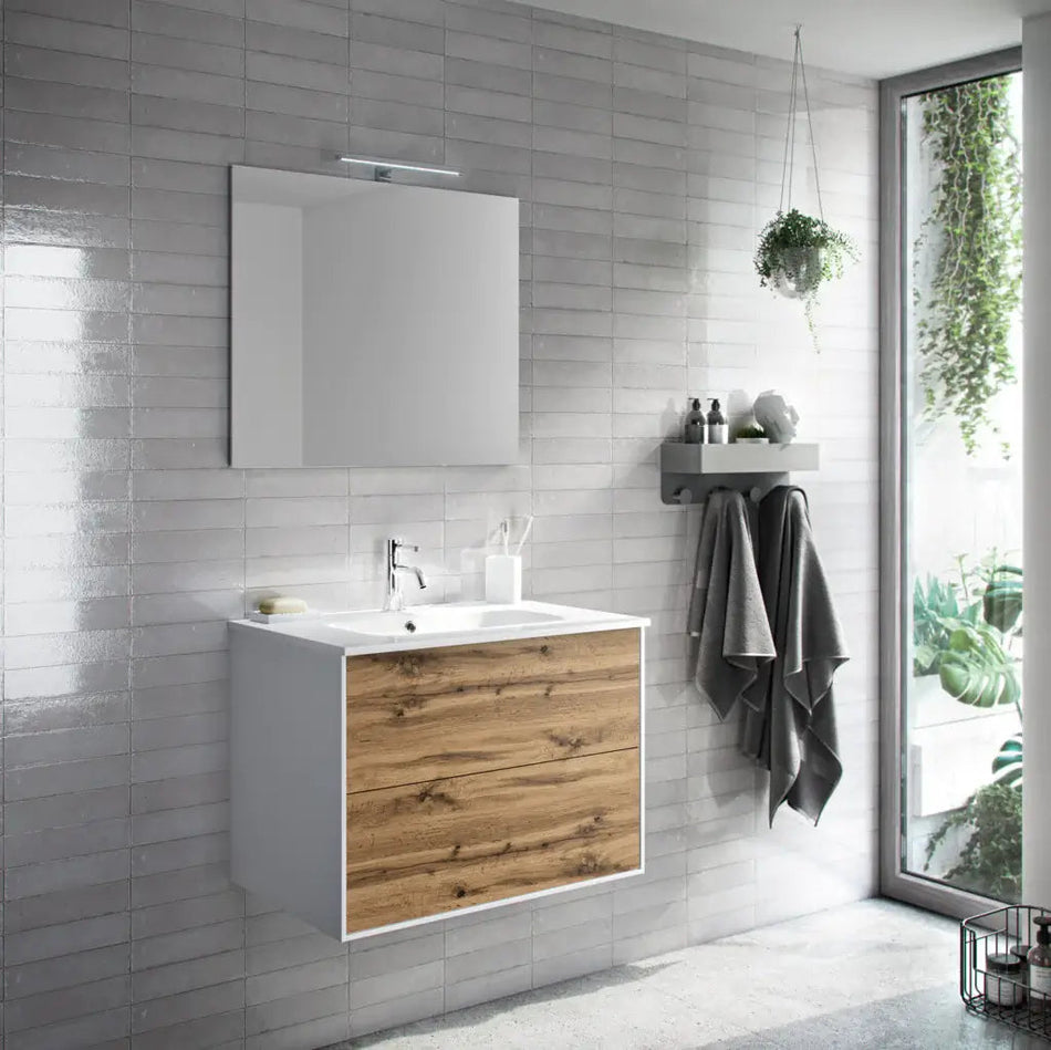 Composizione Mobile Bagno 70cm Sospeso Due Cassetti e Specchio Rovere Miele