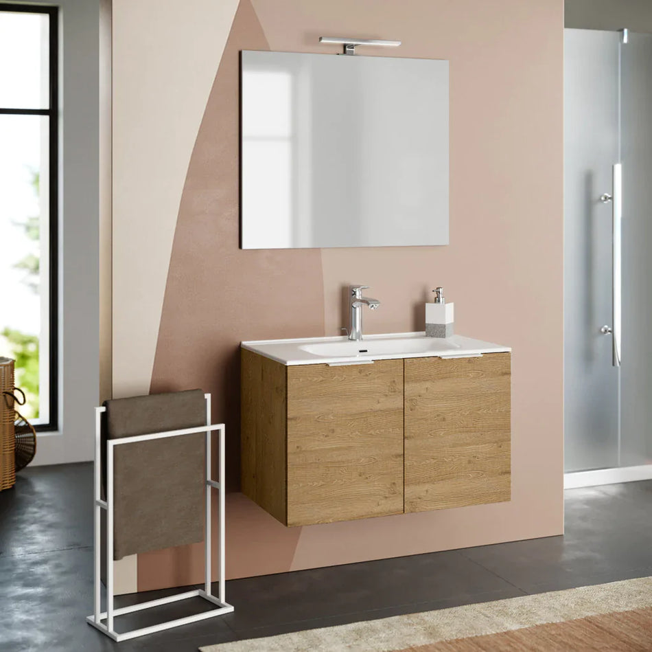 Composizione Mobile Bagno 80cm Sospeso Con 2 Ante e Specchio con Lampada Rovere Miele