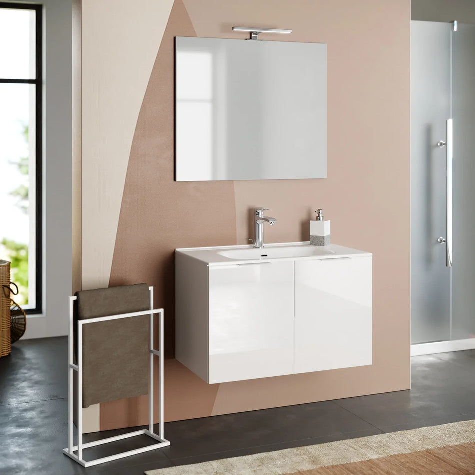 Composizione Mobile Bagno 80cm Sospeso Con 2 Ante e Specchio con Lampada Bianco Laccato Lucido