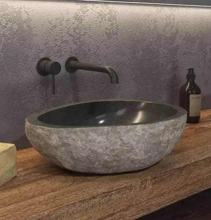 Lavabo Da Appoggio In Pietra Di Fiume Naturale Grigio