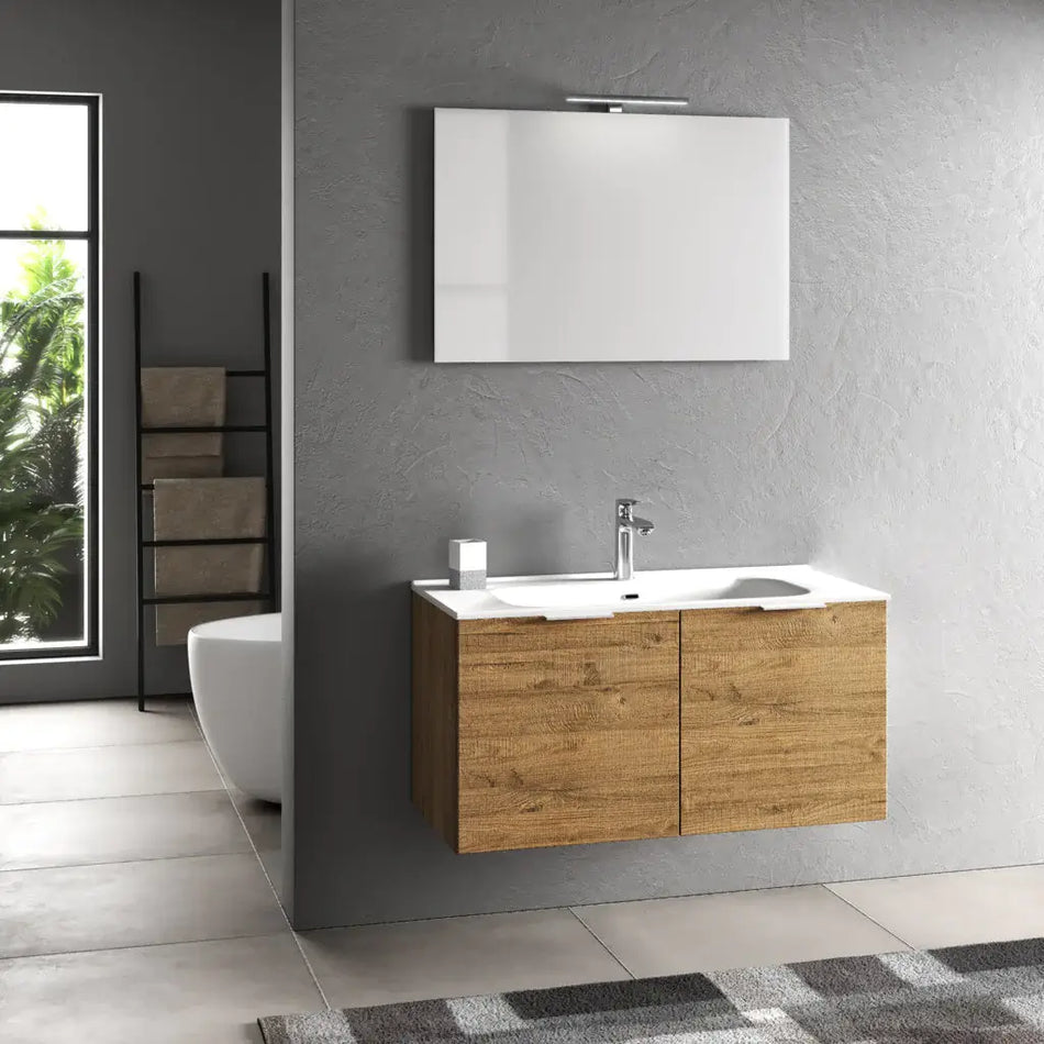 Mobile Bagno 100cm Sospeso Con 2 Ante e Specchio con Lampada Rovere Miele