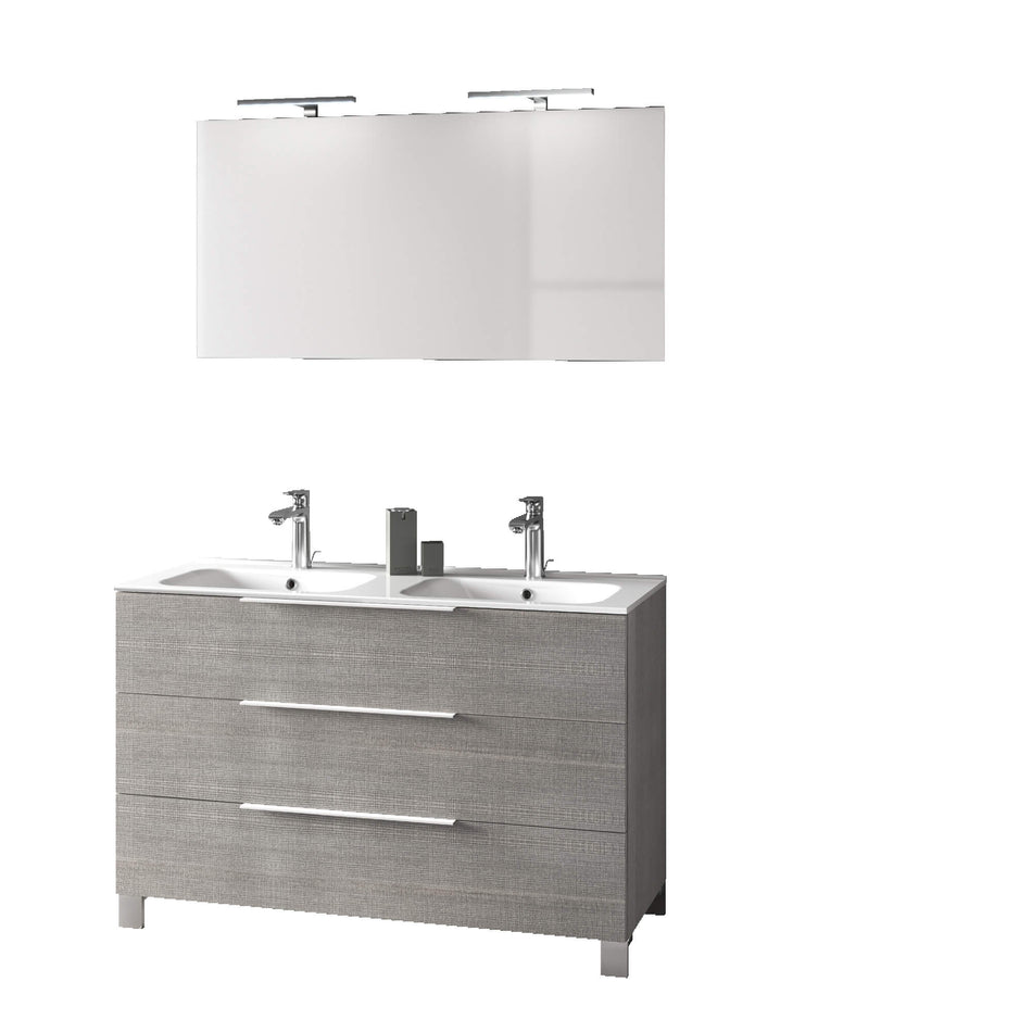 Mobile Bagno 120cm a Terra Con Lavabo doppia Vasca, Tre Cassetti e Specchio Grigio