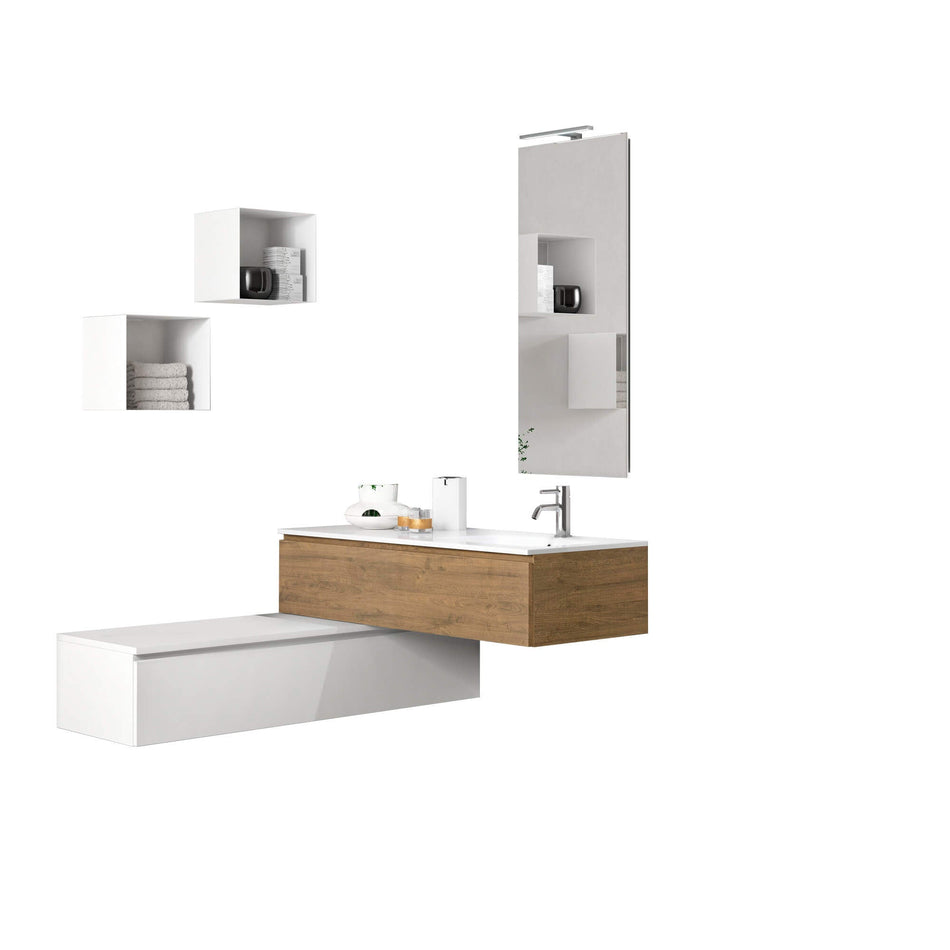 Mobile Bagno 120cm | Lavabo, Doppio Cassettone, Specchio Con Lampada E Cubi Porta Oggetti Base Superiore Rovere Miele + Base Inferiore Bianco Opaco