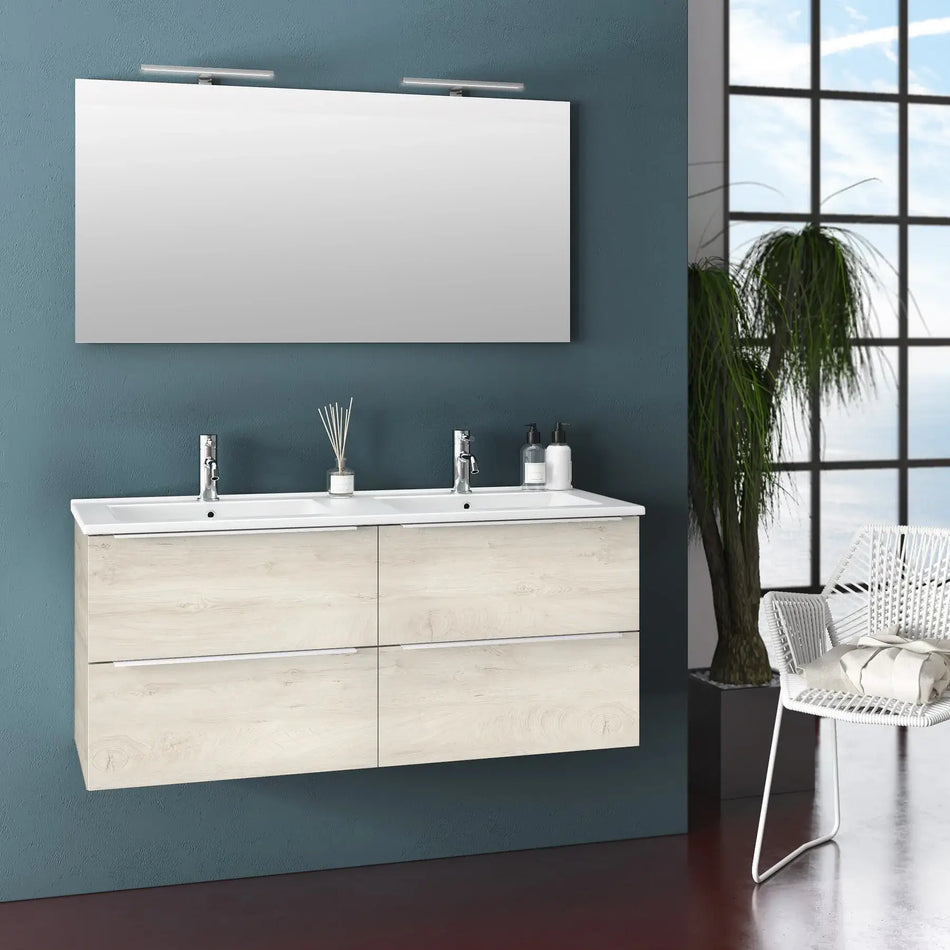 Mobile Bagno 120cm Sospeso Con Quattro Cassetti Lavabo Doppia Vasca Specchio E Doppia Lampada Rovere Alaska