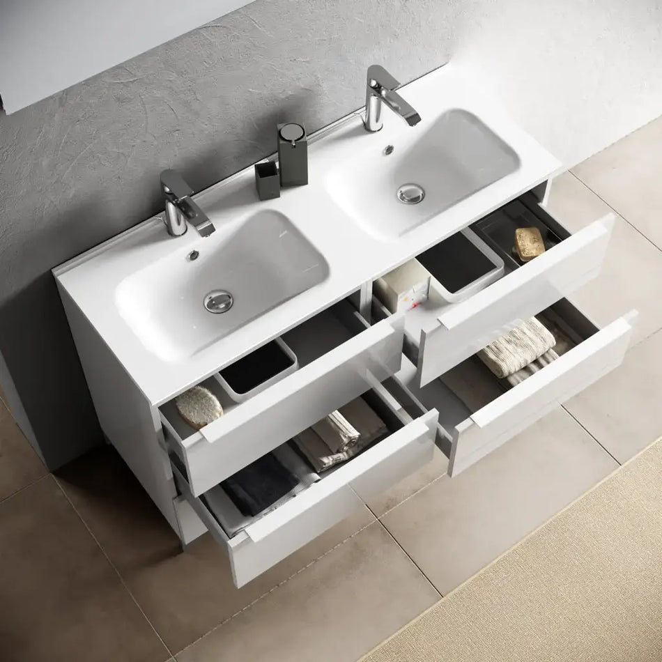 Mobile Bagno 120cm Sospeso Con Quattro Cassetti Lavabo Doppia Vasca Specchio E Doppia Lampada