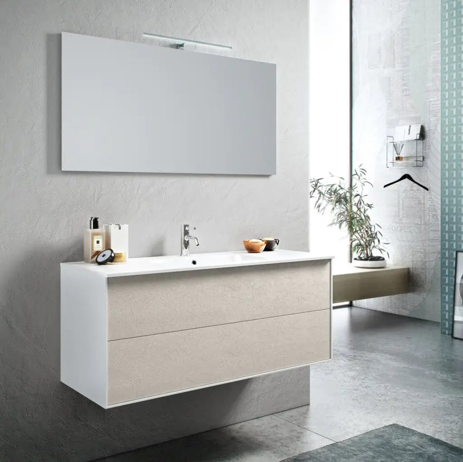 Mobile Bagno 120cm Sospeso Due Cassetti e Specchio Con Lampada Avana Effetto Pietra