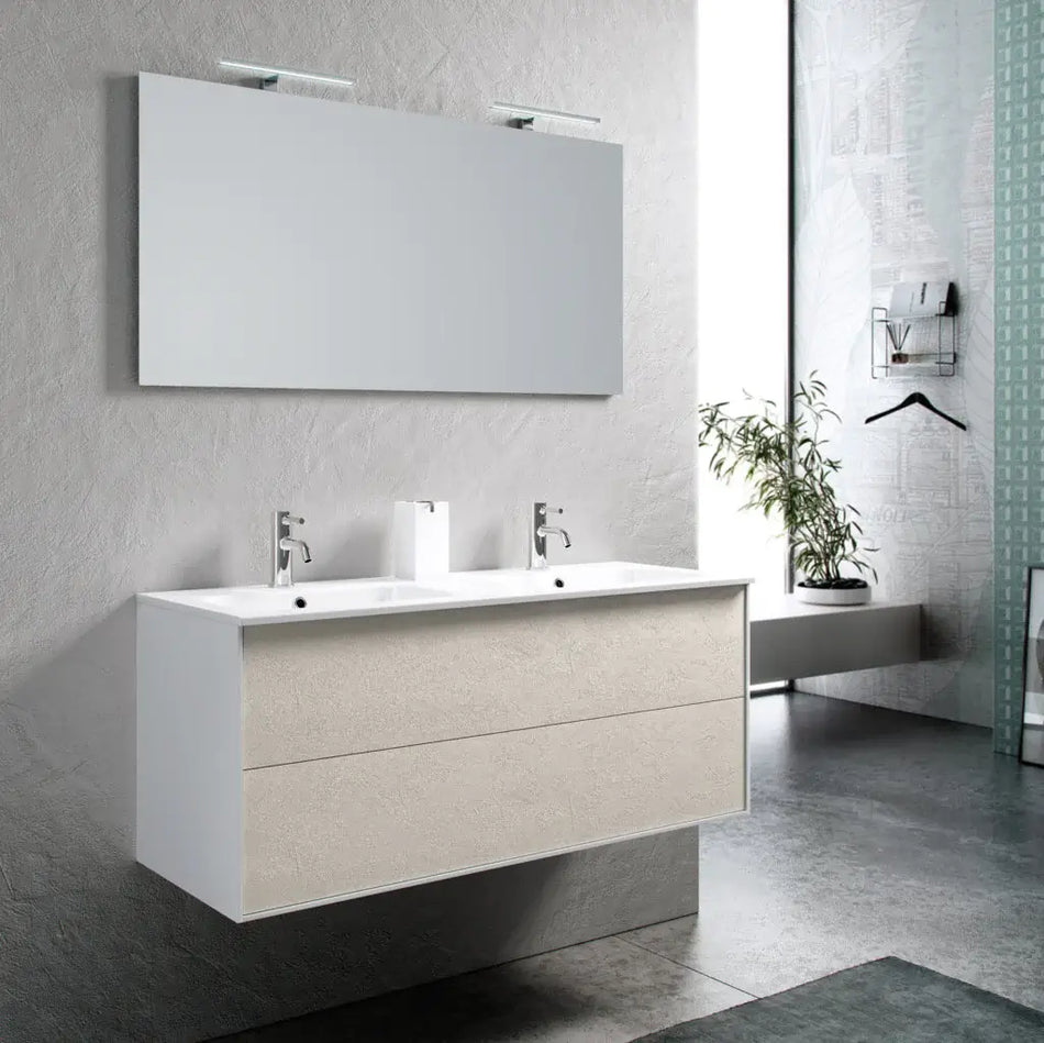 Mobile Bagno 120cm Sospeso Due Cassetti Lavabo Doppia Vasca e Specchio Con Lampada Avana Effetto Pietra