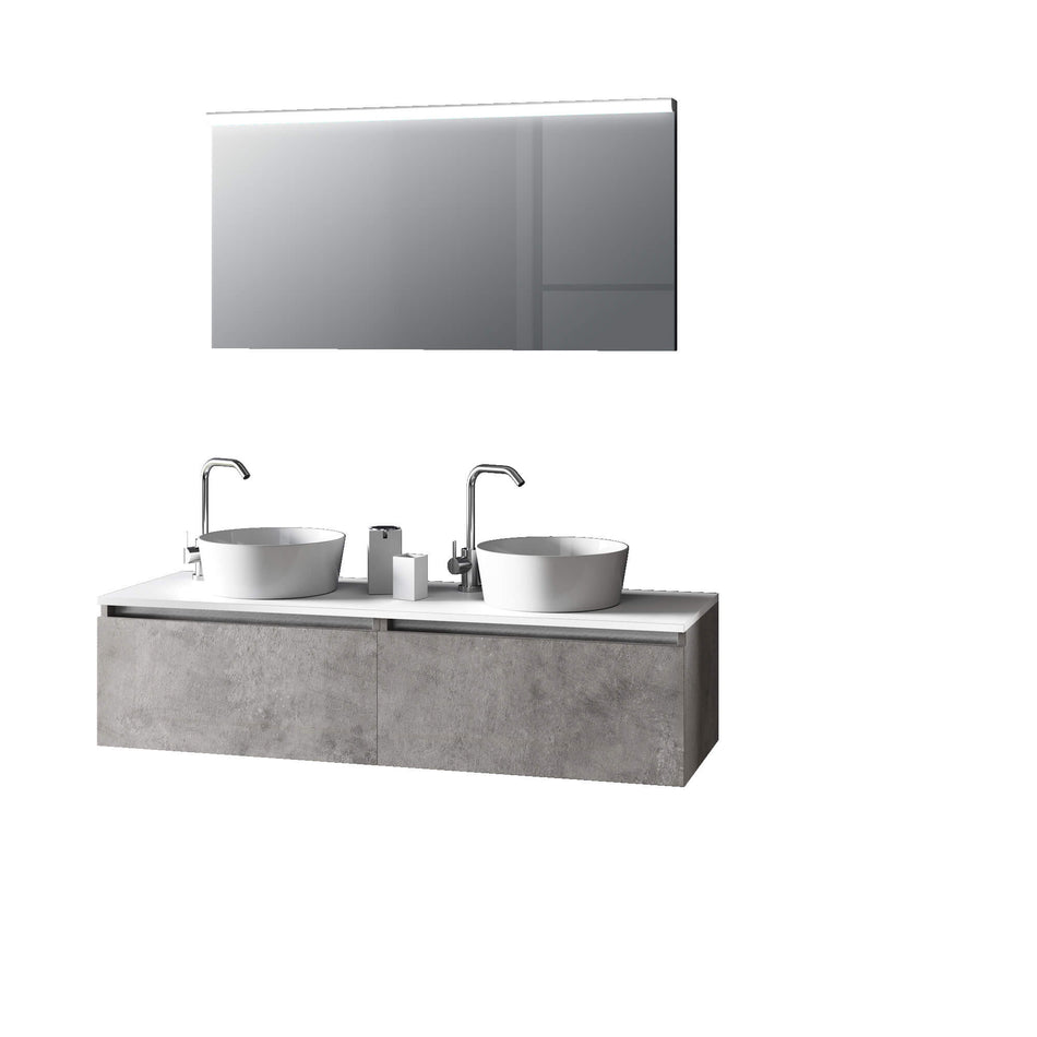 Mobile Bagno 140cm Con Doppio Lavabo, Base Con Cassetto E Specchio Con LED Integrato Cemento