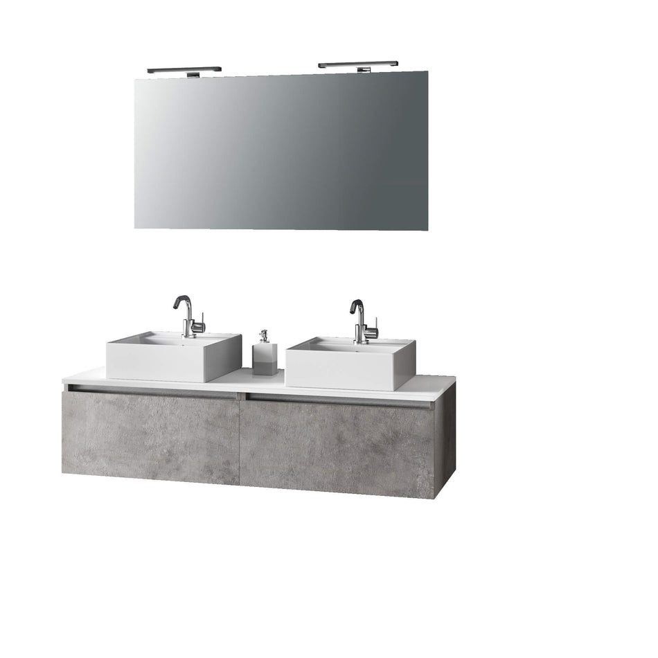 Mobile Bagno 140cm Con Doppio Lavabo, Base Con Cassetto, Specchio E Lampada Cemento