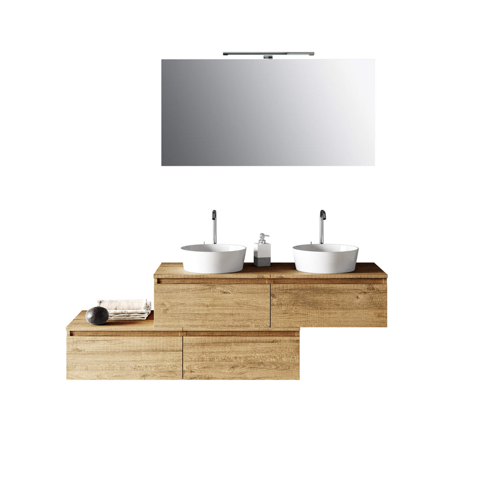 Mobile Bagno 160cm Con Doppio Lavabo, 4 Basi Con Cassetti E Specchio Con Lampada Rovere Miele