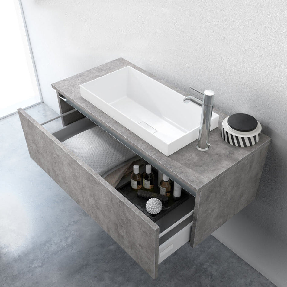 Mobile Bagno 170cm Sospeso, Due Cassetti, Lavabo, Specchio LED Integrato e Mensola