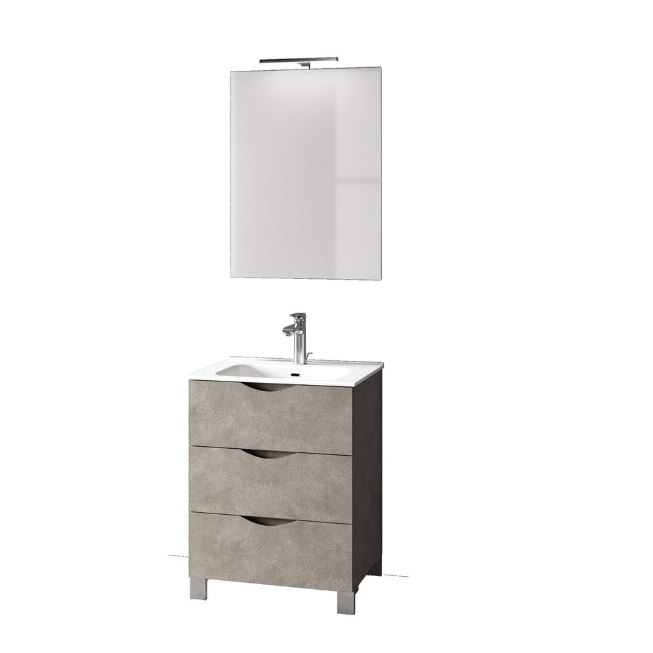 Mobile Bagno 60cm a Terra Effetto Pietra Con Tre Cassetti Specchio e Lampada Avana Effetto Pietra