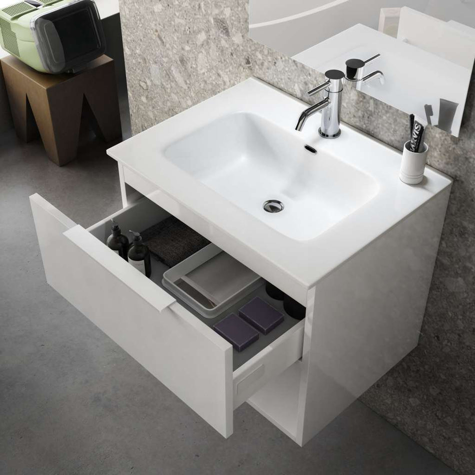 Mobile Bagno 60cm Sospeso Con Cassetto, Vano E Specchio