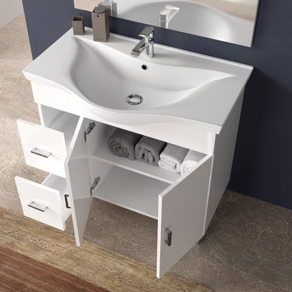 Mobile Bagno 80cm a Terra Due Ante E Cassetti, Specchio con Pensile e Lampada