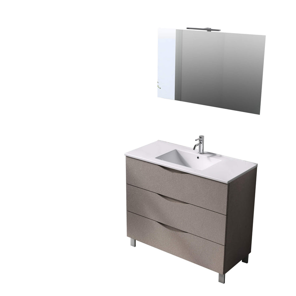 Mobile Bagno 80cm a Terra Effetto Pietra Con Tre Cassetti Specchio e Lampada Avana Effetto Pietra