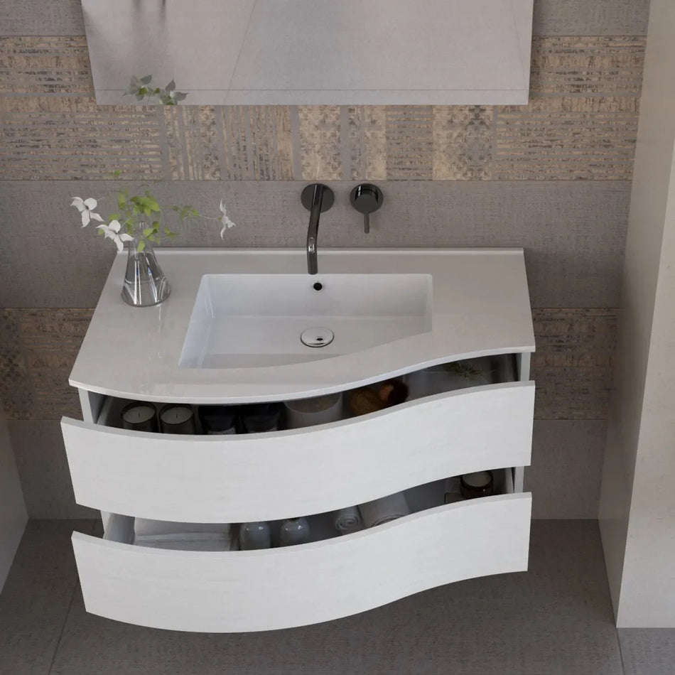 Mobile Bagno Curvo 90cm Sospeso Con Cassettoni - Larice Bianco