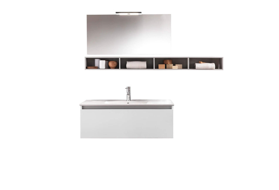 Mobile Bagno Sospeso 100cm Con Cassetto, Pensile a Giorno, Specchio e Lampada Laccato Bianco Opaco + Pensile Grigio Chiaro