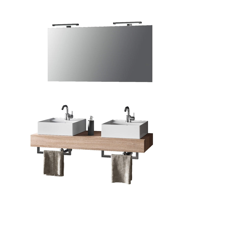 Mobile Bagno Sospeso 120cm Con Doppio Lavabo Specchio, Lampada e Porta Asciugamano Tabacco Chiaro