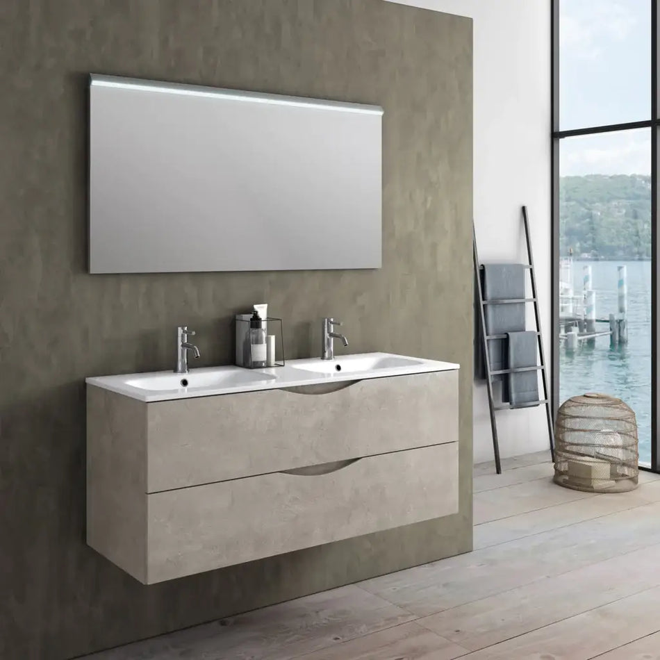 Mobile Bagno Sospeso 120cm Effetto Pietra Con Doppio Lavabo Avana Effetto Pietra