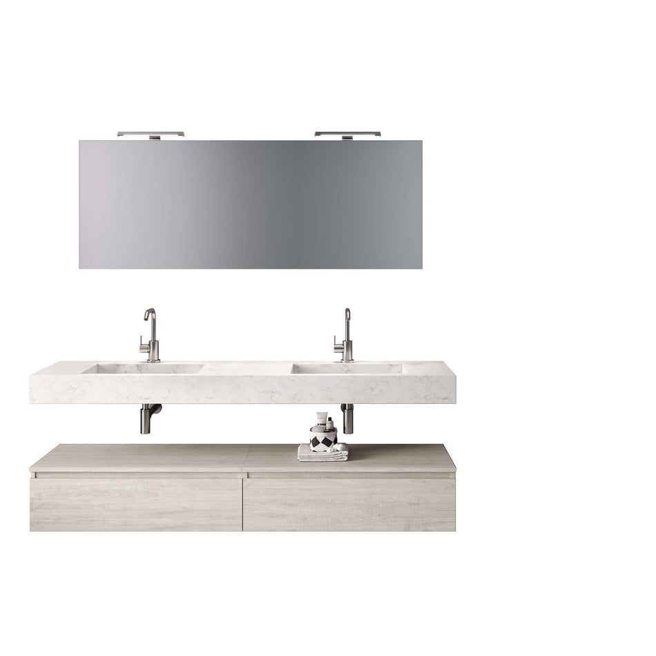 Mobile Bagno Sospeso 180cm Con Vasca Integrata Cassetto E Specchio Top Effetto Marmo Carrara + Base Sherwood Naturale