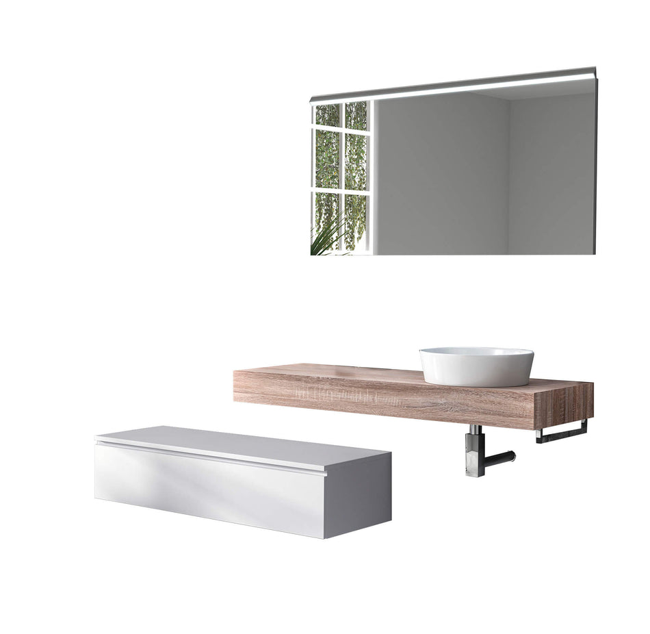 Mobile Bagno Sospeso 220cm Top Con Lavabo, Base Con Cassetto E Specchio Con LED Integrato Top tabacco chiaro + base laccata bianco opaco