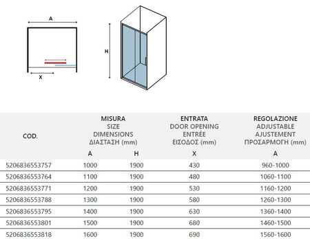 Porta Doccia Scorrevole 8mm Anticalcare Acciaio Inox H190