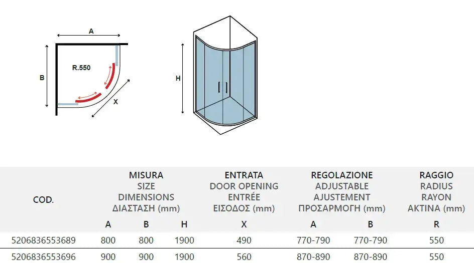 Box Doccia Semicircolare Acciaio Inox Trasparente 8mm H190 - Shopbagno.it