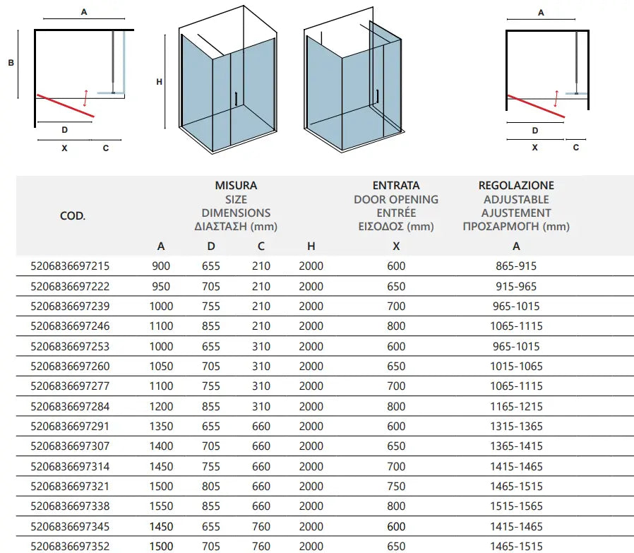 Box Doccia H200 Anta Battente Cristallo 6mm - Shopbagno.it