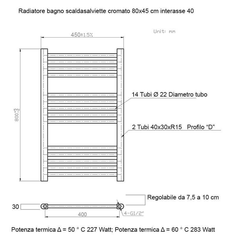 Termoarredo Scaldasalviette Bagno cm 80x45 - Cromato